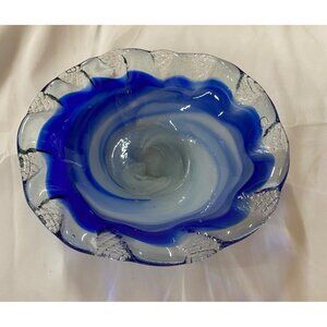 Vintage Murano ART GLASS Bowl Ruffle Textured Cobalt Blue Handblown Polished